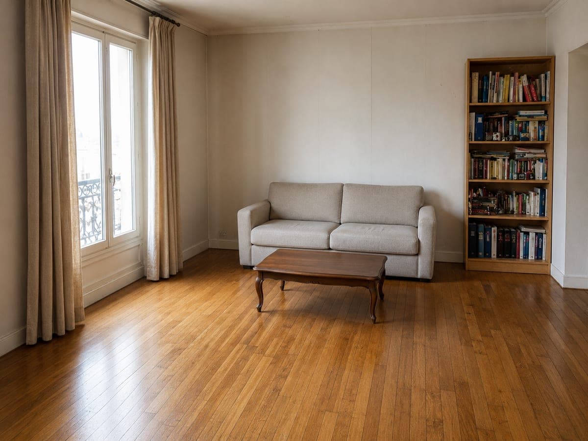 Séjour dégagé et nettoyé après une intervention en logement encombré