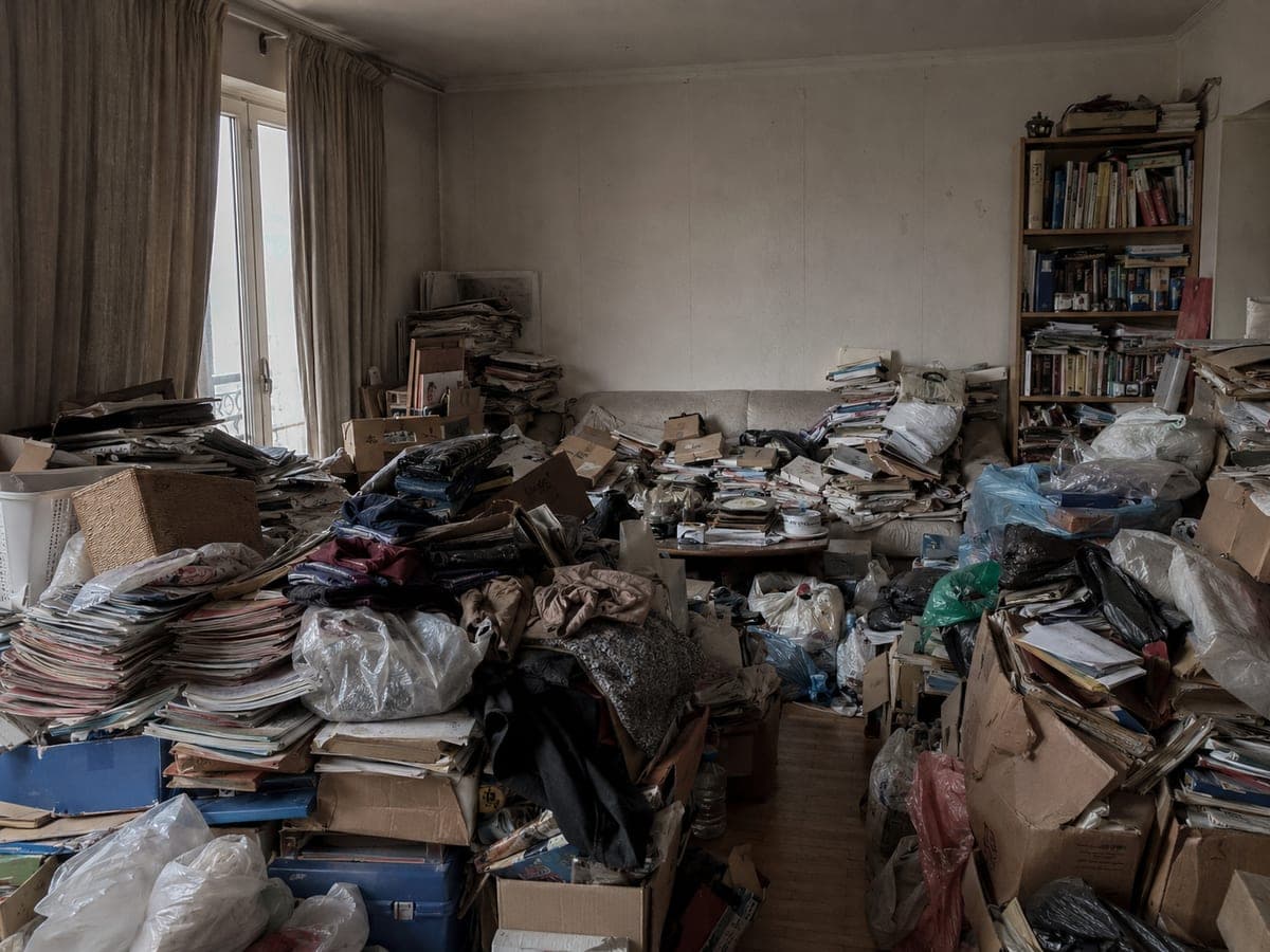 Pièce entièrement encombrée par des piles de papiers, cartons et sacs